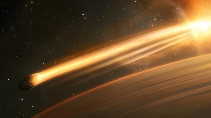 Wide view of a comet approaching a ringed gas giant planet