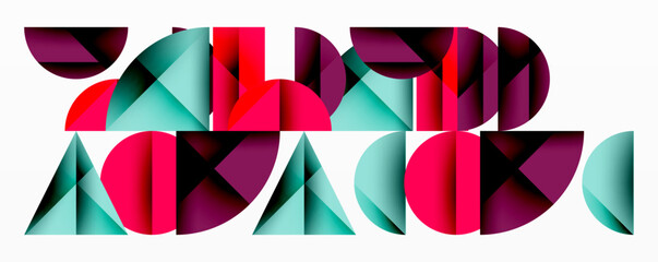 Abstract geometric shapes form colorful typography. Bold design utilizes teal, red, magenta hues. Modern aesthetic.
