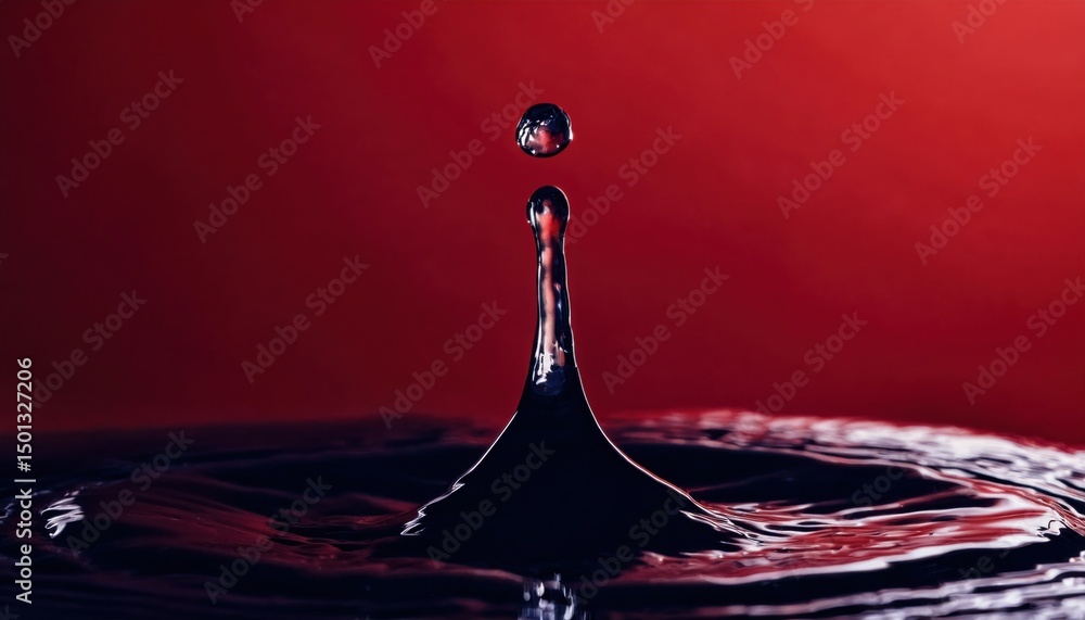 Poster macro water drop collision with crown splash in dark liquid on red gradient background for modern pr