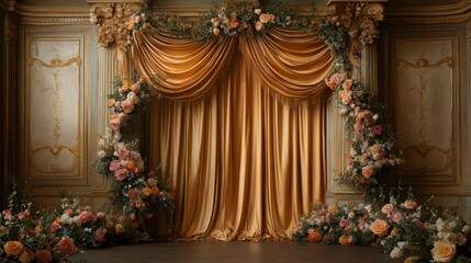 Ornate gilded room with golden drapes and floral archway