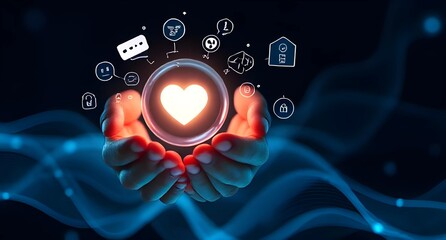 A pair of hands gently cradles a glowing orb displaying a heart symbol amidst various digital icons, symbolizing love, connection, and technology in a dark, fluid background.