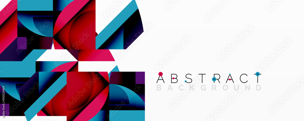 Poster Modern design features vibrant geometric shapes, bold colors, white space. Composition creates dynamic visual impact.