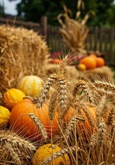 Photo of Autumn Harvest Scene with Pumpkins Hay and Wheat Display