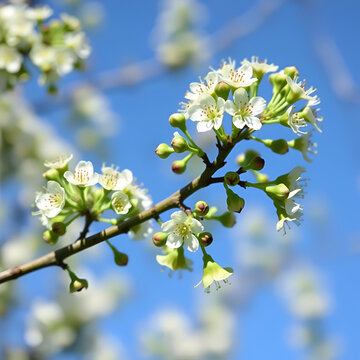 Selective focus of Ulmus minor samarae, Elm flowers in early spring with blue sky, Elms are deciduous and semi-deciduous trees comprising the flowering plant genus Ulmus in the plant family Ulmaceae.