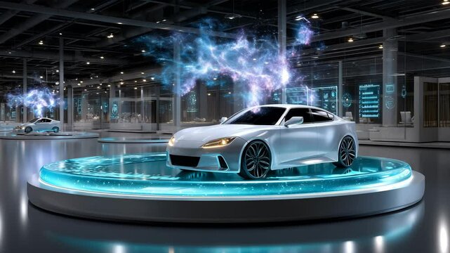 Futuristic car display in a modern showroom
