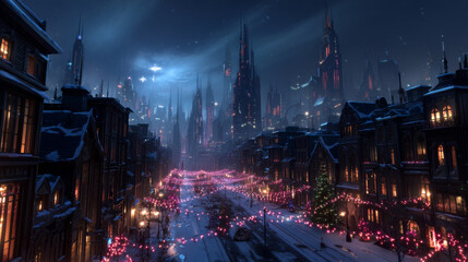 Obraz premium Winter snow village with suburb house landscape background. Night holiday scenery design with city skyscraper silhouette and neighborhood view. Christmas eve with cottage and garland on street cartoon