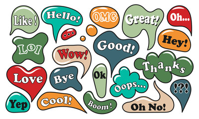 Twenty colorful speech bubbles with various exclamations and common words. Vector set