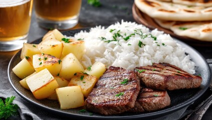 Grilled steak with roasted potatoes and rice