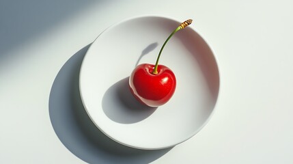 A single red cherry with a green stem on a white plate