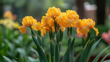 Golden iris cluster, vibrant floral beauty in nature's lush garden setting