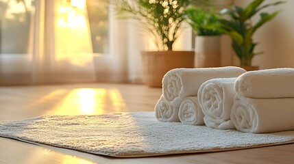 breathing space massage setting with warm light soft pillows rolled towels wooden floor clean and serene mood