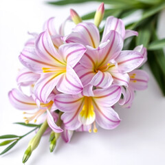 Fototapeta premium Delicate cluster of pink and white lily flowers with purple stripes and green leaves