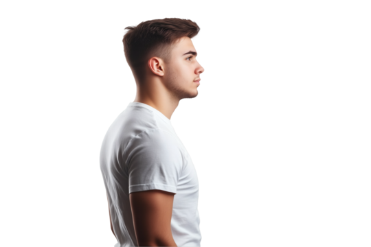 Relaxed side view of a man wearing white t-shirt and standing on transparent background