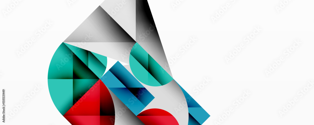 Poster Abstract geometric shapes overlap, creating dynamic composition. Colors include red, teal, gray, white. Modern design, clean lines present.