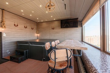 stylish room with a hot tub, a wooden bar table, and a large window offering a city view. Features...