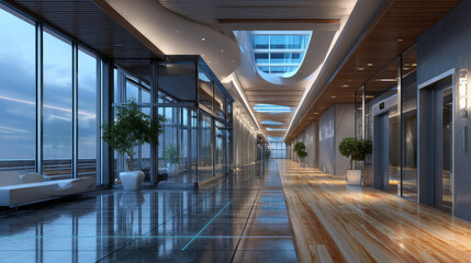 Empty corridor perspective with large windows and elevator door. Realistic vector illustration of hospital, hotel, university, shopping mall, office building hall interior design. Modern architecture