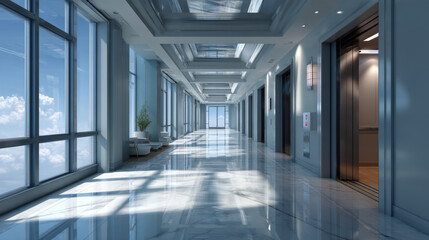 Fototapeta premium Empty corridor perspective with large windows and elevator door. Realistic vector illustration of hospital, hotel, university, shopping mall, office building hall interior design. Modern architecture