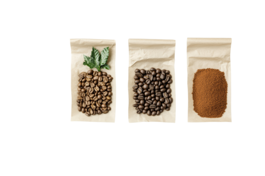 Top view of light roast, dark roast, and ground coffee in kraft paper bags, ideal for packaging design, cafe branding, coffee blog visuals, or ecommerce mockups. Clean layout with copy space.