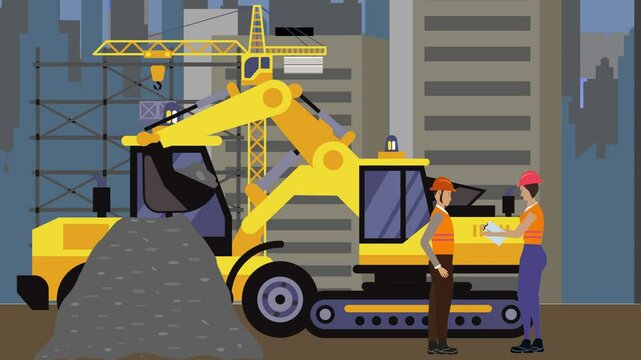 Construction site area, working on the edge of town with engineers and building machines animation
