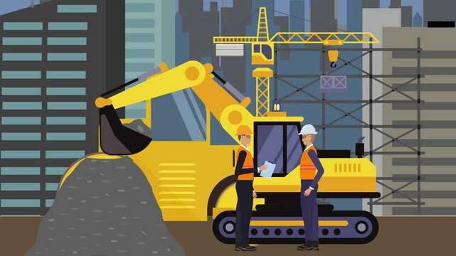 Construction site area, working on the edge of town with engineers and building machines animation