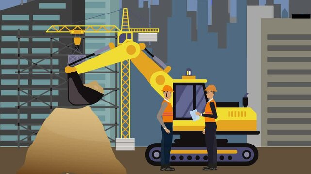 Construction site area, working on the edge of town with engineers and building machines animation