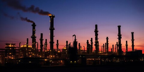 Fototapeta premium Silhouetted refinery at dusk, glowing pipes and towers process oil, refinery, petrochemical
