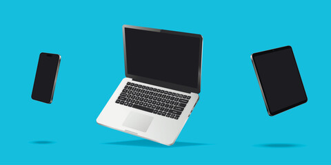 Flying laptop, cellphone and tablet pc mockup