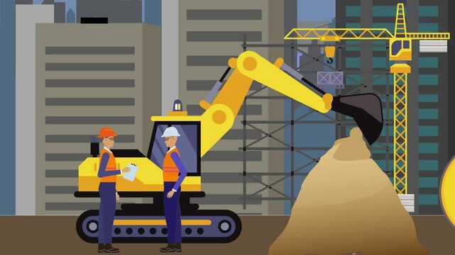 Construction site area, working on the edge of town with engineers and building machines animation