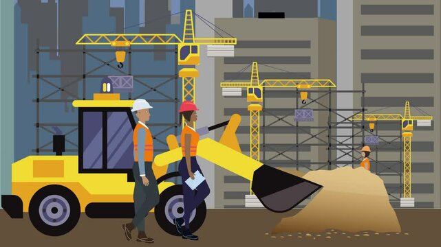 Construction site area, working on the edge of town with engineers and building machines animation