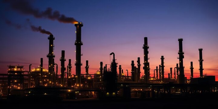 Silhouetted refinery at dusk, glowing pipes and towers process oil, refinery,  petrochemical