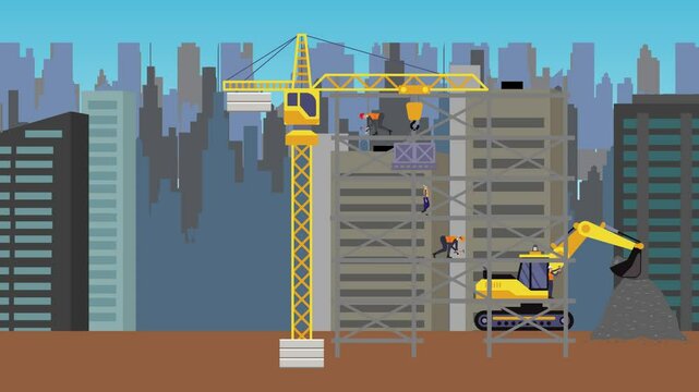 Construction site area, working on the edge of town with engineers and building machines animation