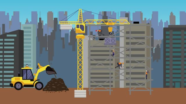 Construction site area, working on the edge of town with engineers and building machines animation