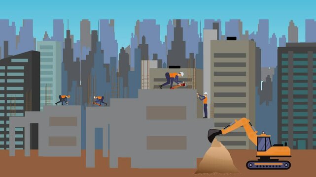 Construction site area, working on the edge of town with engineers and building machines animation
