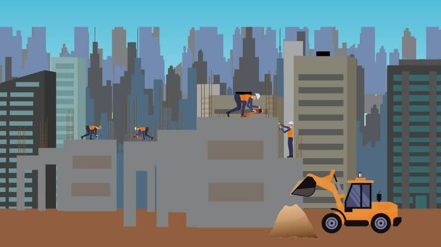 Construction site area, working on the edge of town with engineers and building machines animation