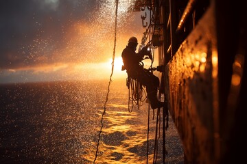 Rope Access Welder Performing Maintenance on Oil Rig Tower Above Ocean with Sparks Flying and Sea Reflecting Golden Hour Light, Offshore Welding, Industrial Safety, Marine Energy, Work at Height