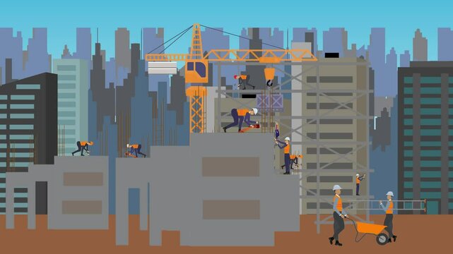 Construction site area, working on the edge of town with engineers and building machines animation