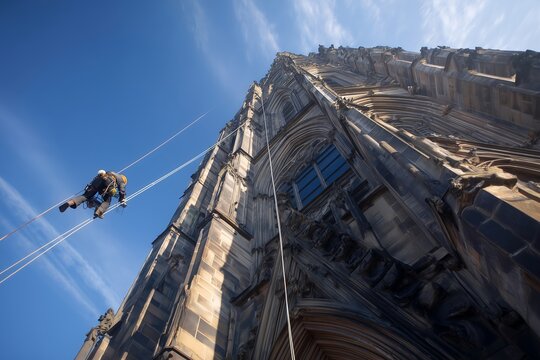 Urban Steeplejack Inspecting Cathedral Spire With Ropes And Drone Equipment, Strong Vertical Lines, Blue Sky, Architectural Inspection, Historic Building Maintenance, Aerial Drone, Rope Access Work