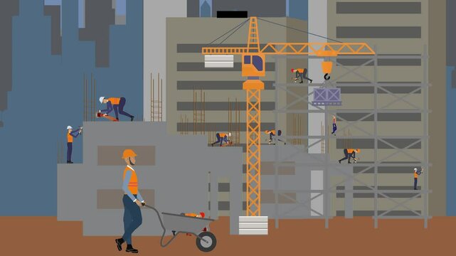 Construction site area, working on the edge of town with engineers and building machines animation