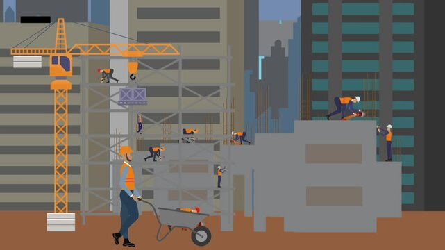 Construction site area, working on the edge of town with engineers and building machines animation