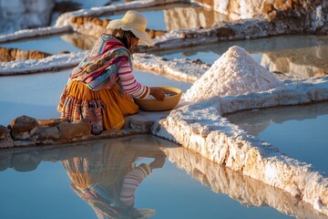 Indigenous Andean Woman Harvesting Salt from High-Altitude Maras Salt Ponds with Traditional Garments and Reflected Sunlight on Wet Tiles, Peru, Cultural Heritage, Salt Mining, Rural Life, Traditional