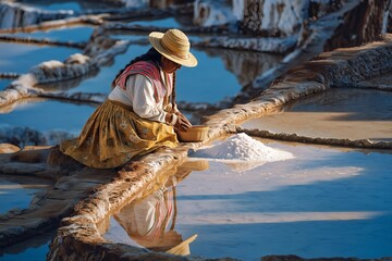 Indigenous Andean Woman Harvesting Salt from High-Altitude Maras Salt Ponds with Traditional Garments and Reflected Sunlight on Wet Tiles, Peru, Cultural Heritage, Salt Mining, Rural Life, Traditional