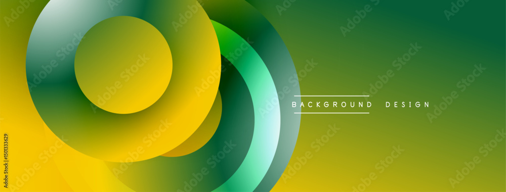Poster Abstract geometric design features overlapping circles, gradient colors. Yellow, green hues create dynamic visual effect. Modern style.