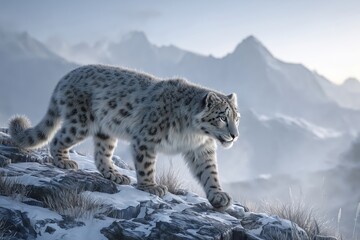 Obraz premium Snow Leopard Walking on Rocky Ridge in Remote Himalayas at Dawn, Cold Mist Around Fur, Distant Snowy Peaks, Mountain Wildlife, Endangered Species, High Altitude Predator, Misty Terrain, Himalayan Land