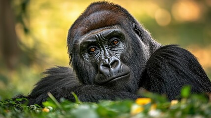 Obraz premium Powerful gorilla resting in a lush green environment during a sunny afternoon, showcasing serene expression and striking features in its natural habitat