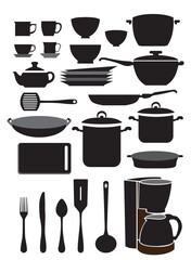 Kitchen tools vector illustration for food and cooking, featuring a set of cooking utensils including a pot, pan, spoon, fork, and knife, perfect for restaurant and chef icons