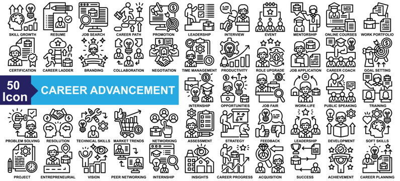 "Career Advancement" icon collection set. Skill Growth, Resume, Job Search, Career Path, Promotion Goal icon. Simple line vector.