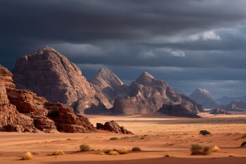Naklejka premium Red Rock Formations Across Wadi Rum Desert, Jordan, Under Dramatic Afternoon Storm Clouds, Desert Landscape, Natural Geological Formations, Travel Destination, Middle East Scenery, Stormy Sky