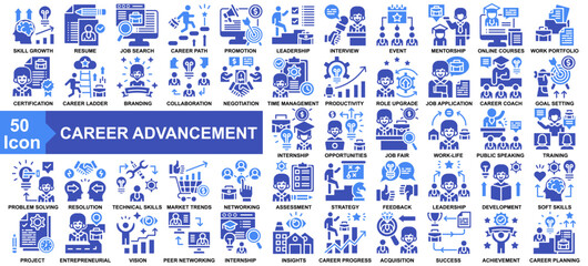 "Career Advancement" icon collection set. Skill Growth, Resume, Job Search, Career Path, Promotion Goal icon. Simple Glyph Color vector.