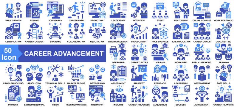 "Career Advancement" icon collection set. Skill Growth, Resume, Job Search, Career Path, Promotion Goal icon. Simple Glyph Color vector.