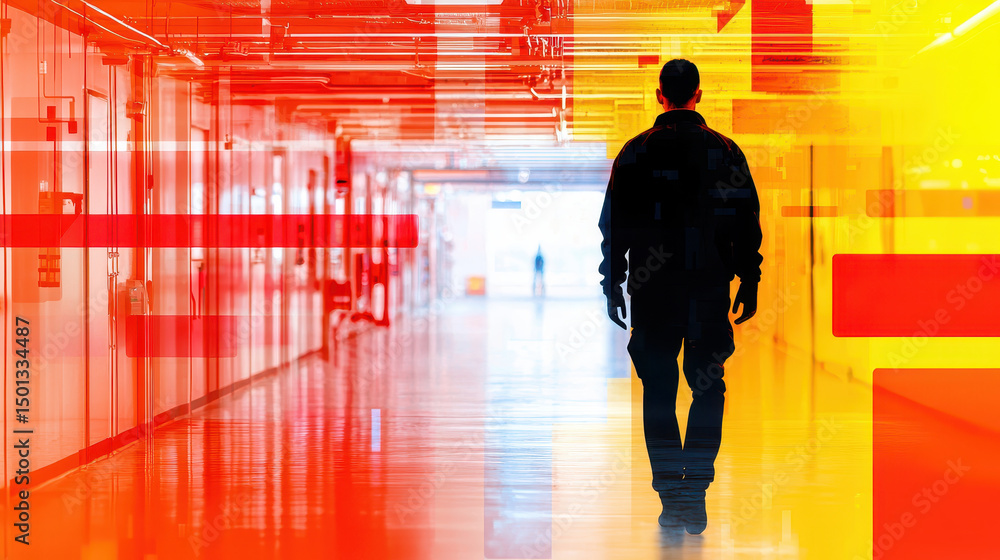 Poster person walking in corridor with vibrant colors and abstract patterns creates striking visual effect.